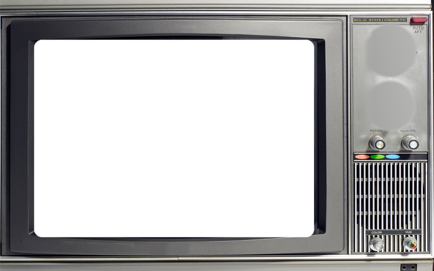 Silver vintage color CRT television with real rotating tuning controls